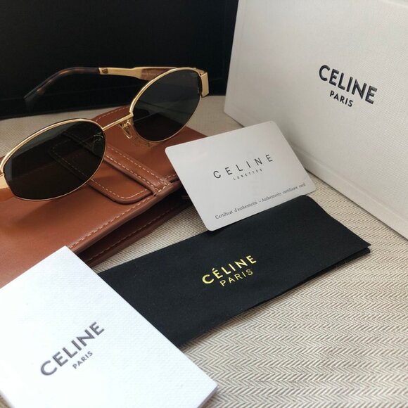 Celine Sunglasses CL40235U Triomphe Gold Metal Frame Green Lenses Sunglasses - Picture 1 of 5